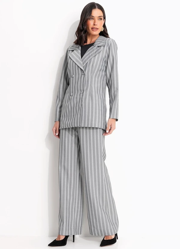 Quintess - Casaco Listrado Cinza em Tecido Acetinado 3