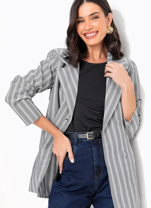 Quintess - Casaco Listrado Cinza em Tecido Acetinado 10