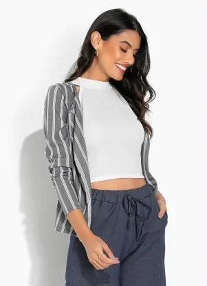 Moda Pop - Casaco Listras Cinza com Gola - MODA POP