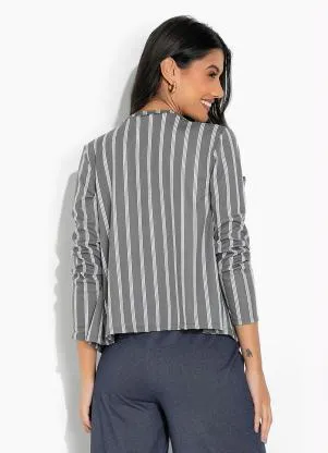 Moda Pop - Casaco Listras Cinza com Gola - MODA POP