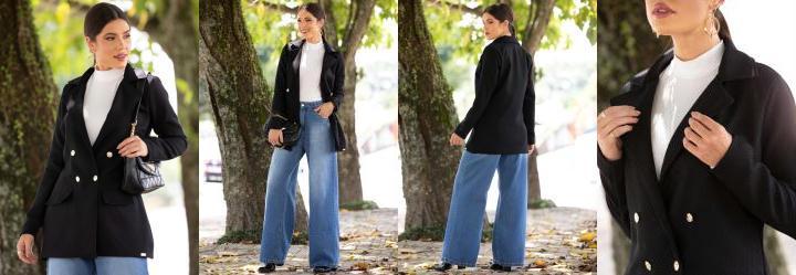 Casaco Preto Alongado em Tweed com Bolsos