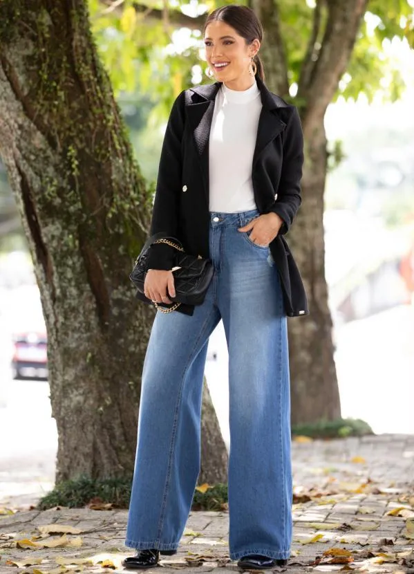 Quintess - Casaco Preto Alongado em Tweed com Bolsos 2