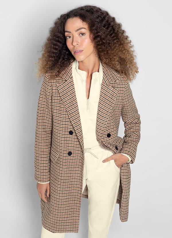 Enfim - Casaco Xadrez Alongado em Lã Marrom