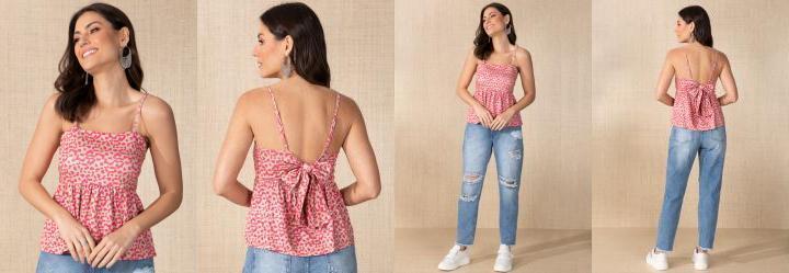 Blusa Abstrato Bege com Amarrao nas Costas