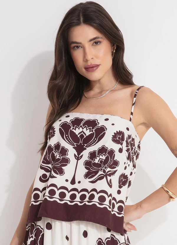 Farm - Blusa Alça Floral Arabesque Marrom