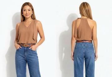 Blusa Alfaiataria Caramelo com Decote V e Amarra��o no Ombro