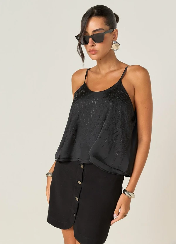 Elegance - Blusa Ampla sem Manga e Pedraria Frontal Preto