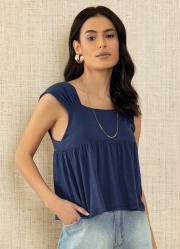 Blusa Azul com Alas Largas e Franzidos
