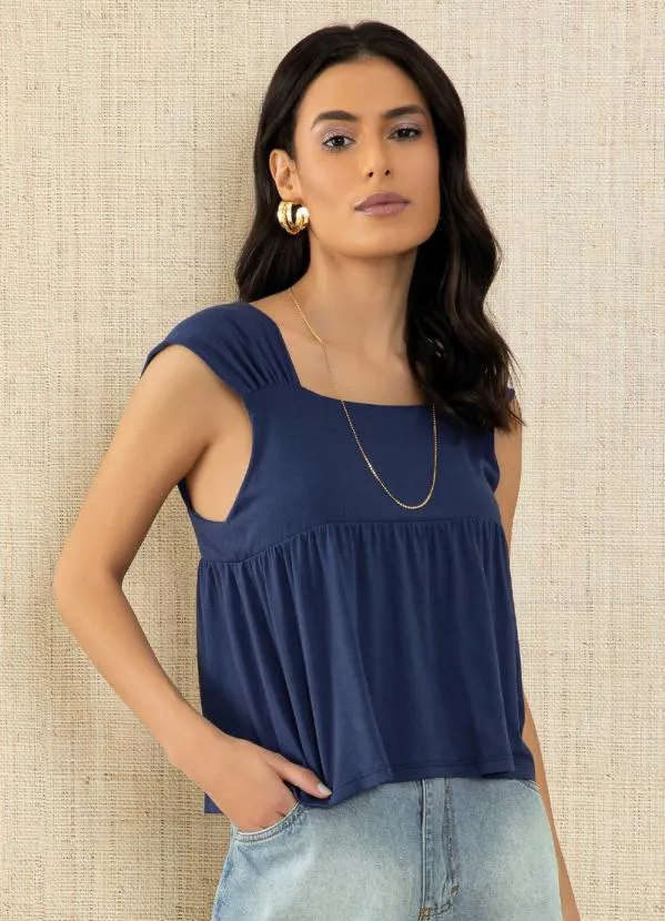 Quintess - Blusa Azul com Alças Largas e Franzidos