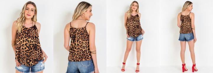 Blusa Bata com Alas Finas e Estampa de Ona
