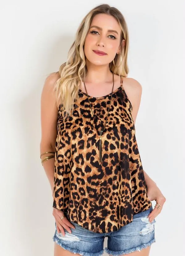 Moda Pop - Blusa Bata com Alças Finas e Estampa de Onça