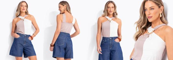 Blusa Bicolor Bege em Malha Fria