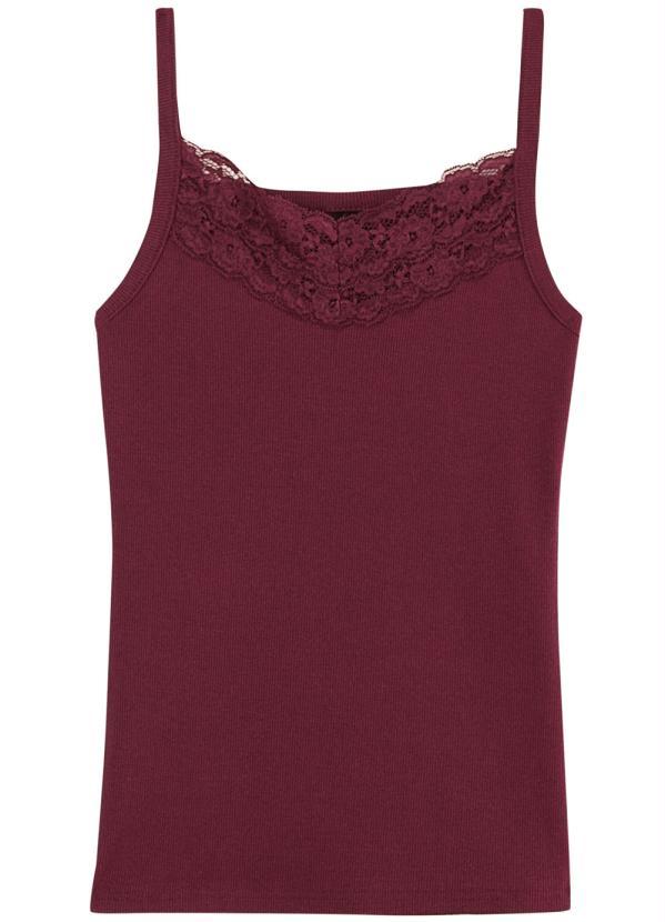 Malwee - Blusa Bordo em Ribana com Renda Feminino