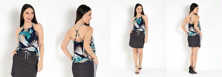 Blusa com Decote Trapzio Folhas Marinho