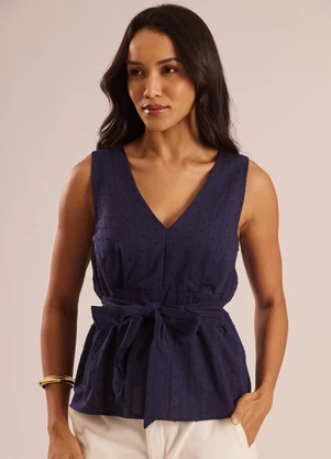 Doce Trama - Blusa com Decote V e Faixa para Amarração Azul - DOCE TRAMA