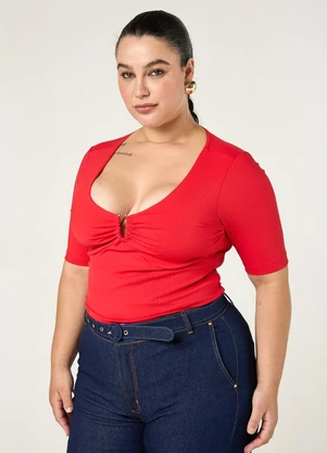 Elegance - Blusa com Decote V e Metal Vermelho Spice - ELEGANCE