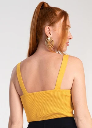 Lunender - Blusa Cropped em Tricô Decote Quadrado Amarelo - LUNENDER
