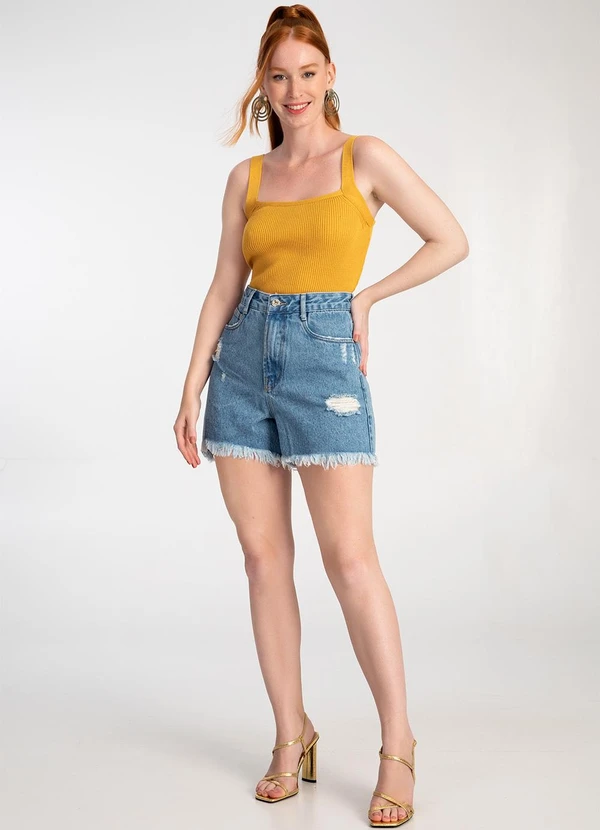 Lunender - Blusa Cropped em Tricô Decote Quadrado Amarelo 8