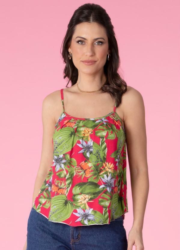 Quintess - Blusa de Alça Azul Floral Vermelho