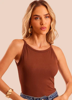 Doce Trama - Blusa de Alça Canelada Decote U Miragem Marrom - DOCE TRAMA