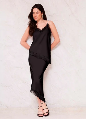 Doce Trama - Blusa de Alça em Cetim com Renda Sunset Preto - DOCE TRAMA