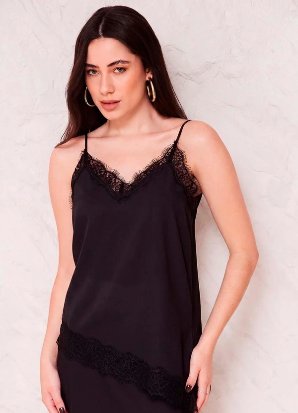 Doce Trama - Blusa de Alça em Cetim com Renda Sunset Preto