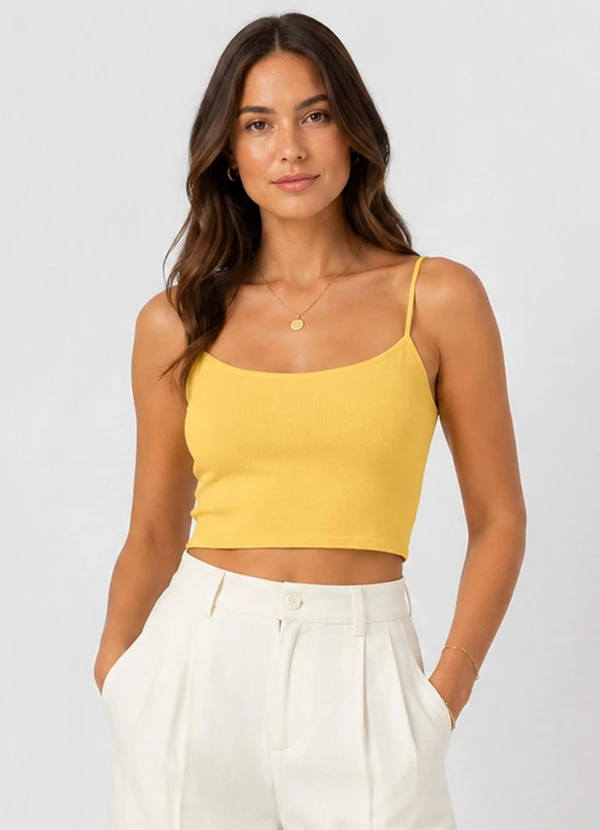 Infinita Cor - Blusa de Alça Feminina Tecido Henera Amarelo