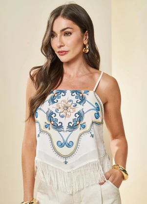 Doce Trama - Blusa de Alça Fina Estampada Branco - DOCE TRAMA
