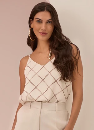 Lunender - Blusa de Alças com Decote em V em Viscose Bege - LUNENDER