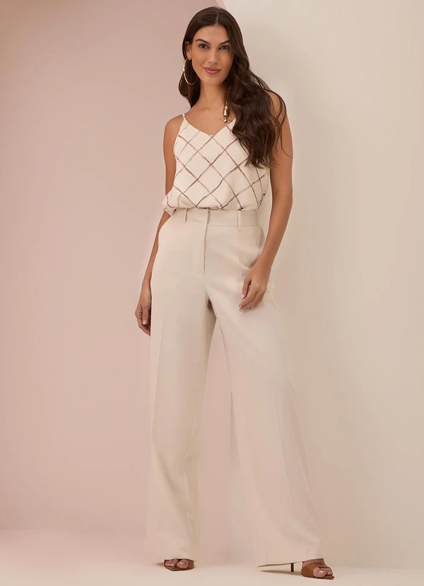 Lunender - Blusa de Alças com Decote em V em Viscose Bege 2