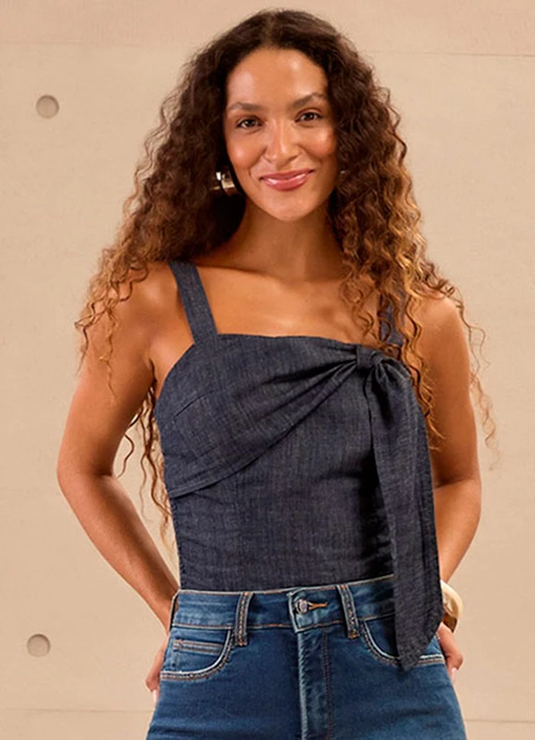 Lunender - Blusa de Alças com Laço em Jeans com Linho Azul