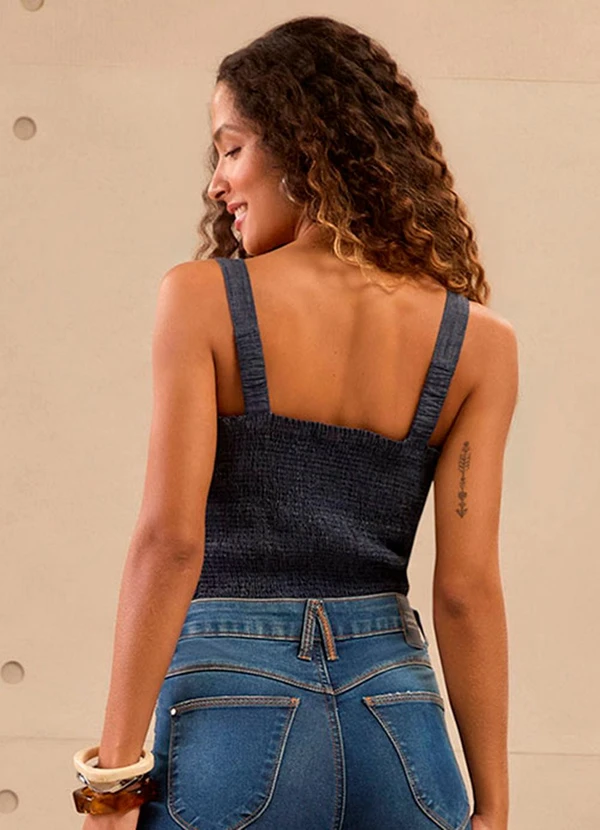 Lunender - Blusa de Alças com Laço em Jeans com Linho Azul 3