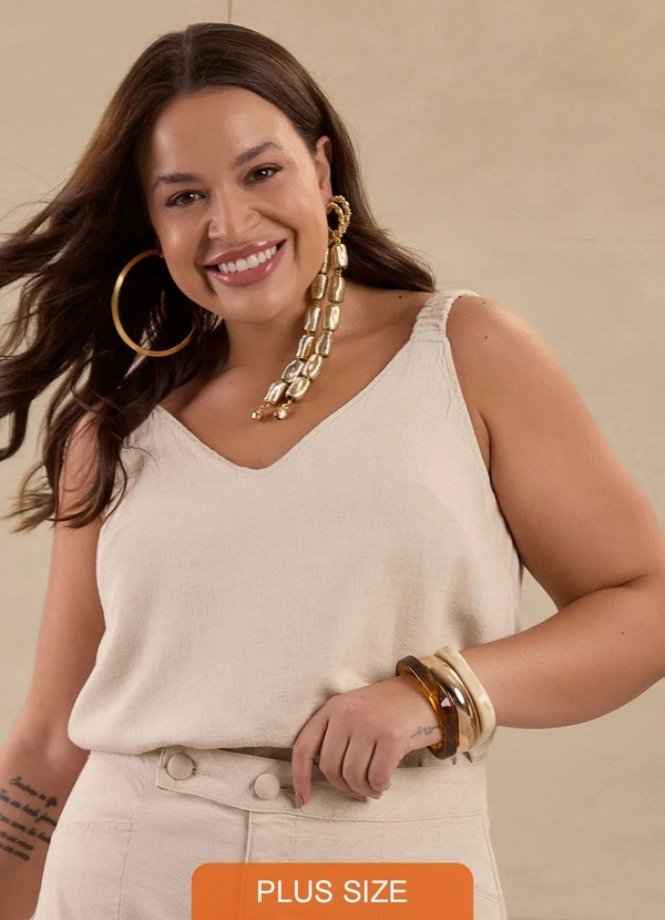 Lunender Mais Mulher - Blusa de Alças Plus Size em Sarja com Linho Bege 1