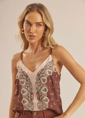 Doce Trama - Blusa de Alças Reguláveis Estampada Marrom - DOCE TRAMA