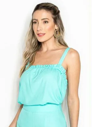 Maria Filó - Blusa de Linho Alça Babado Decote Azul - MARIA FILÓ