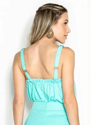 Maria Filó - Blusa de Linho Alça Babado Decote Azul - MARIA FILÓ