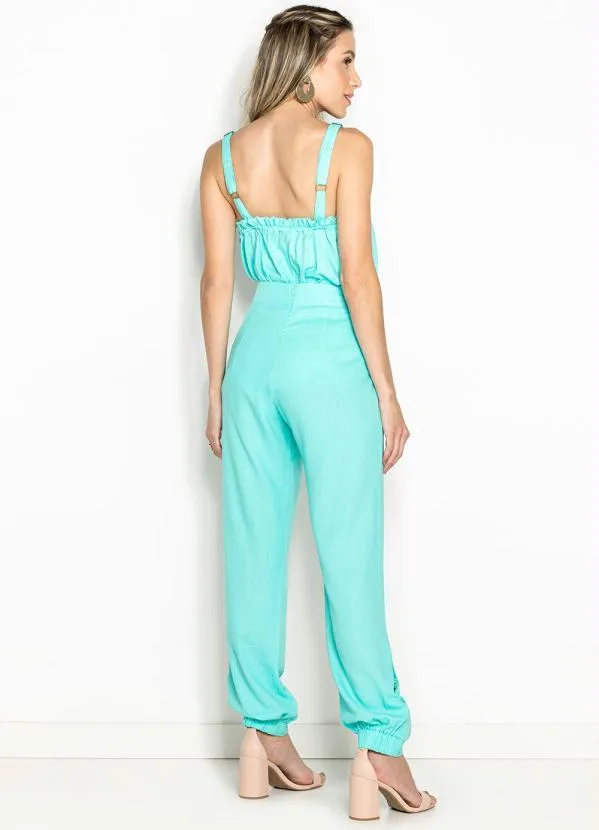 Maria Filó - Blusa de Linho Alça Babado Decote Azul 4