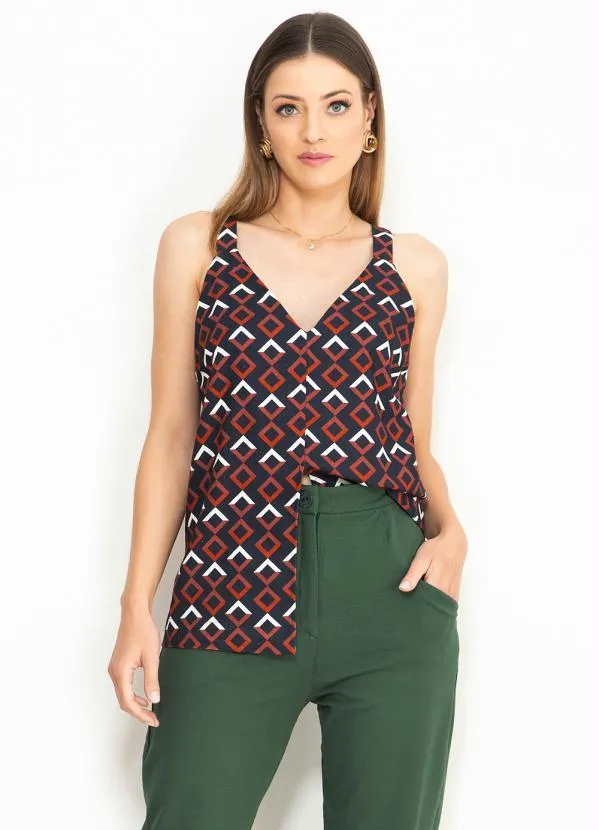 Maria Filó - Blusa de Linho Estampa Grade Preto