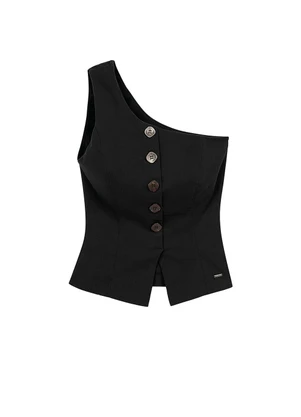 Marialícia - Blusa Feminina Assimétrica com Botões Preto - MARIALÍCIA