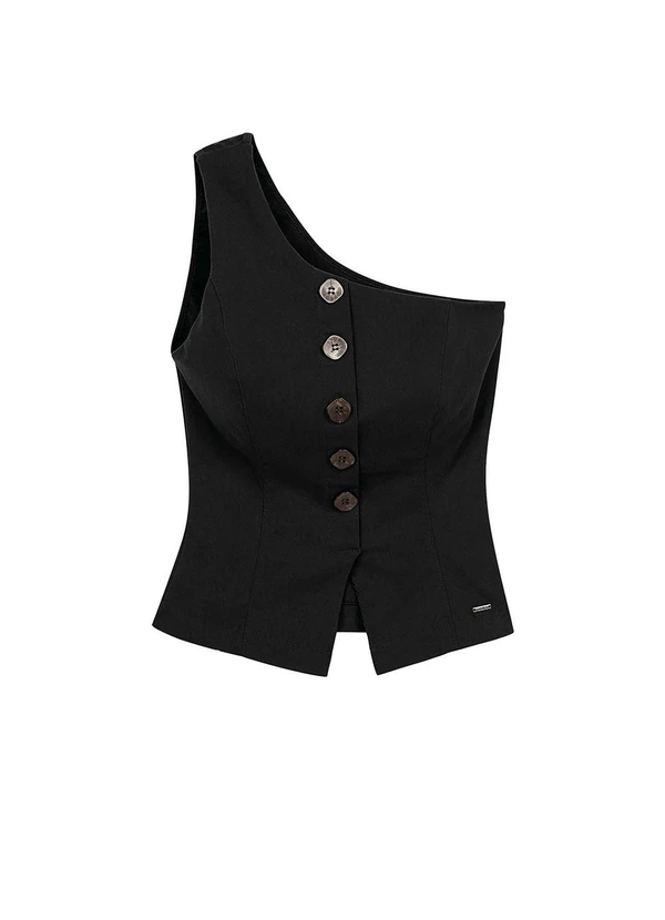 Marialícia - Blusa Feminina Assimétrica com Botões Preto 2