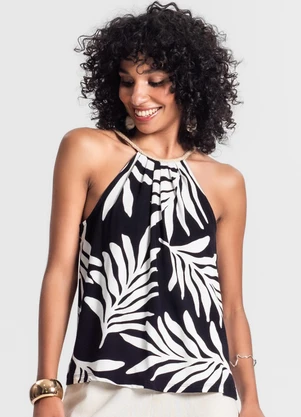 Rovitex - Blusa Feminina de Alça Floral Preto - ROVITEX