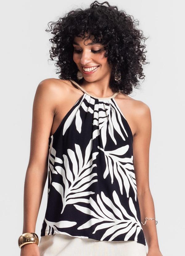 Rovitex - Blusa Feminina de Alça Floral Preto