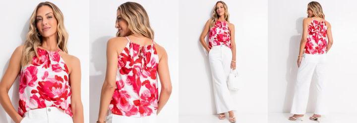 Blusa Floral Rosa em Malha Texturizada
