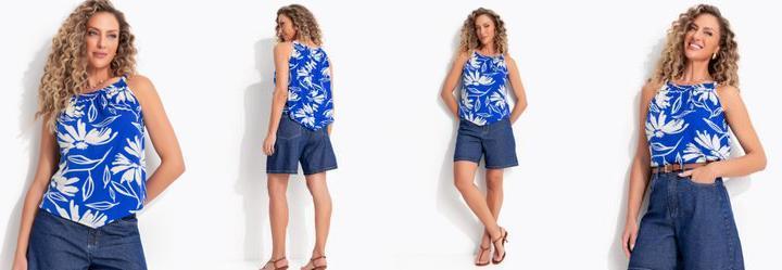 Blusa Folhagem Azul em Malha Canelada
