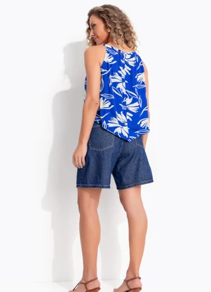 Quintess - Blusa Folhagem Azul em Malha Canelada - QUINTESS