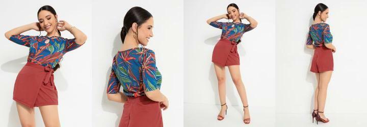 Blusa Folhas Marinho com Gota no Decote Frente