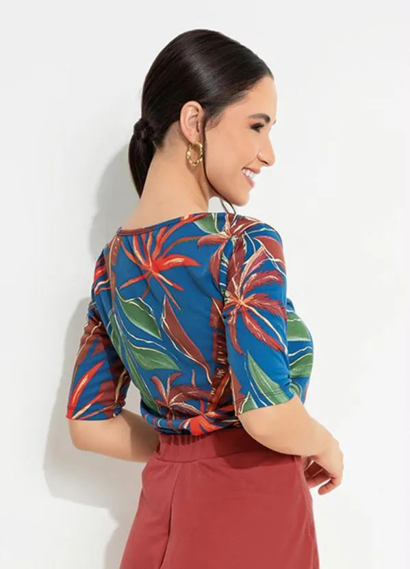 Moda Pop - Blusa Folhas Marinho com Gota no Decote Frente 2