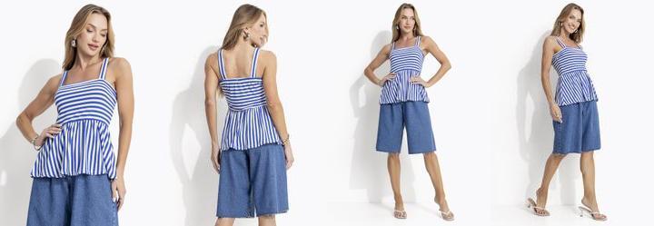 Blusa Listrado Azul e Branco em Canelado