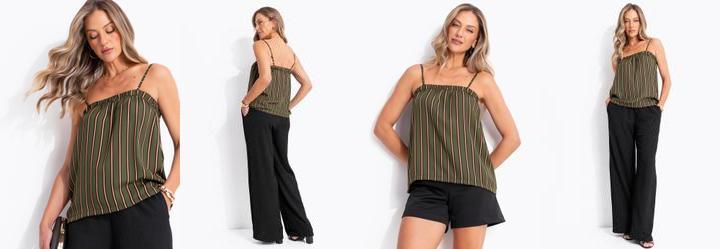 Blusa Listrado Verde em Crepe Plano