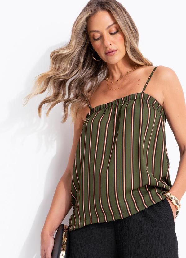 Quintess - Blusa Listrado Verde em Crepe Plano